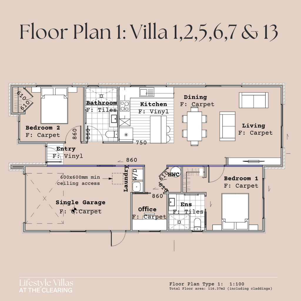 Floor Plan of type 1 - available on Villa 1 2 4 5 6 7 and 13 at The Clearing North Canterbury